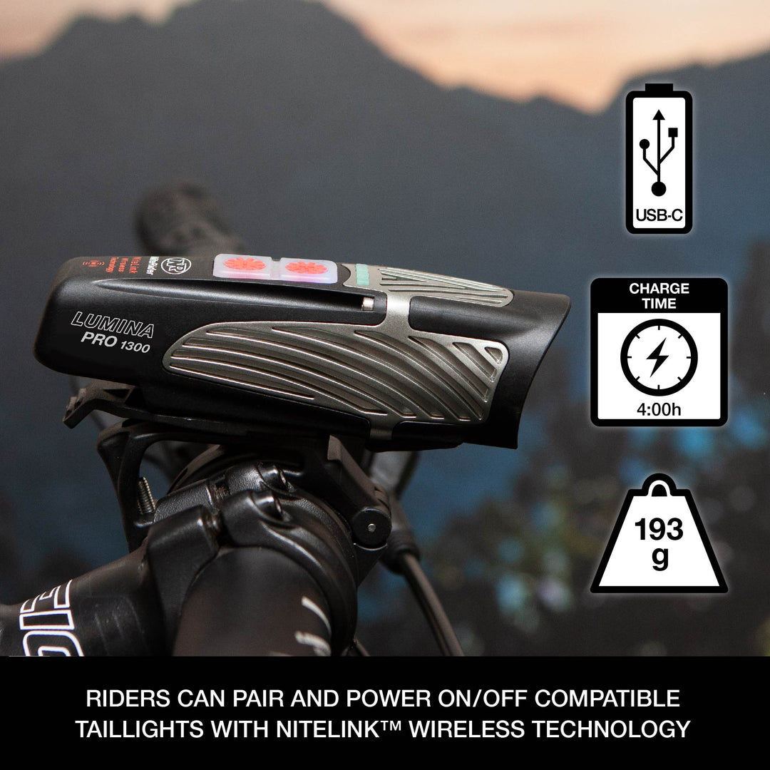 niterider lumina boost pro 1300 bike headlight mounted on handlebars with specifications alongside (7157765963929)